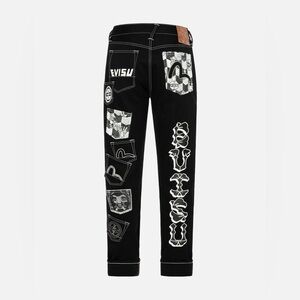Evisu Black White Graphic Embroidery Multi-Pockets Tapered Denim Jeans NWT w Bag